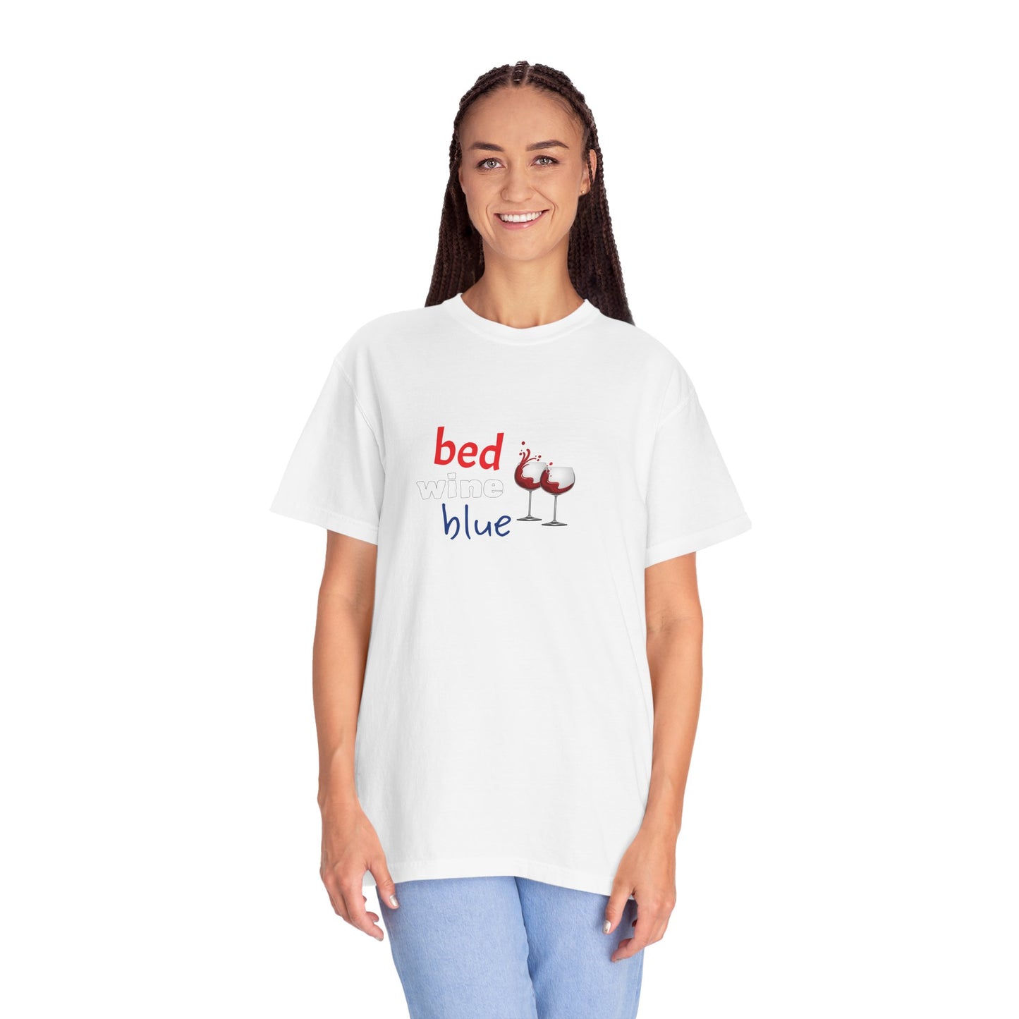 Humorous Unisex Garment-Dyed T-Shirt - 'Bed, Wine, Blue' Design