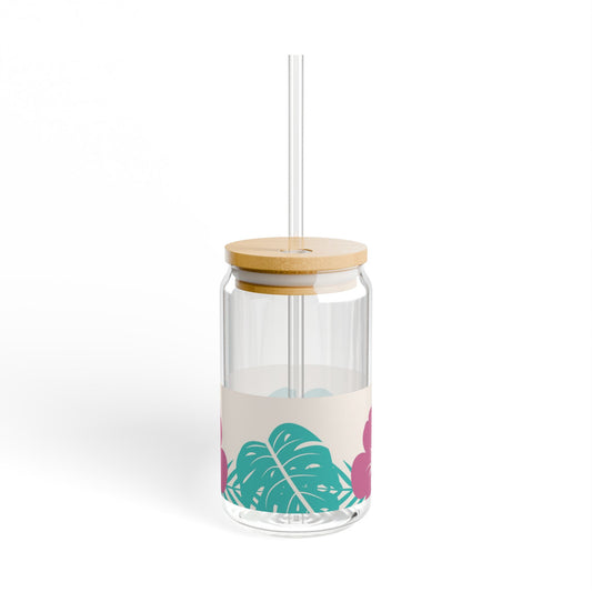 Tropical Floral Sipper Glass - 16oz with Bamboo Lid