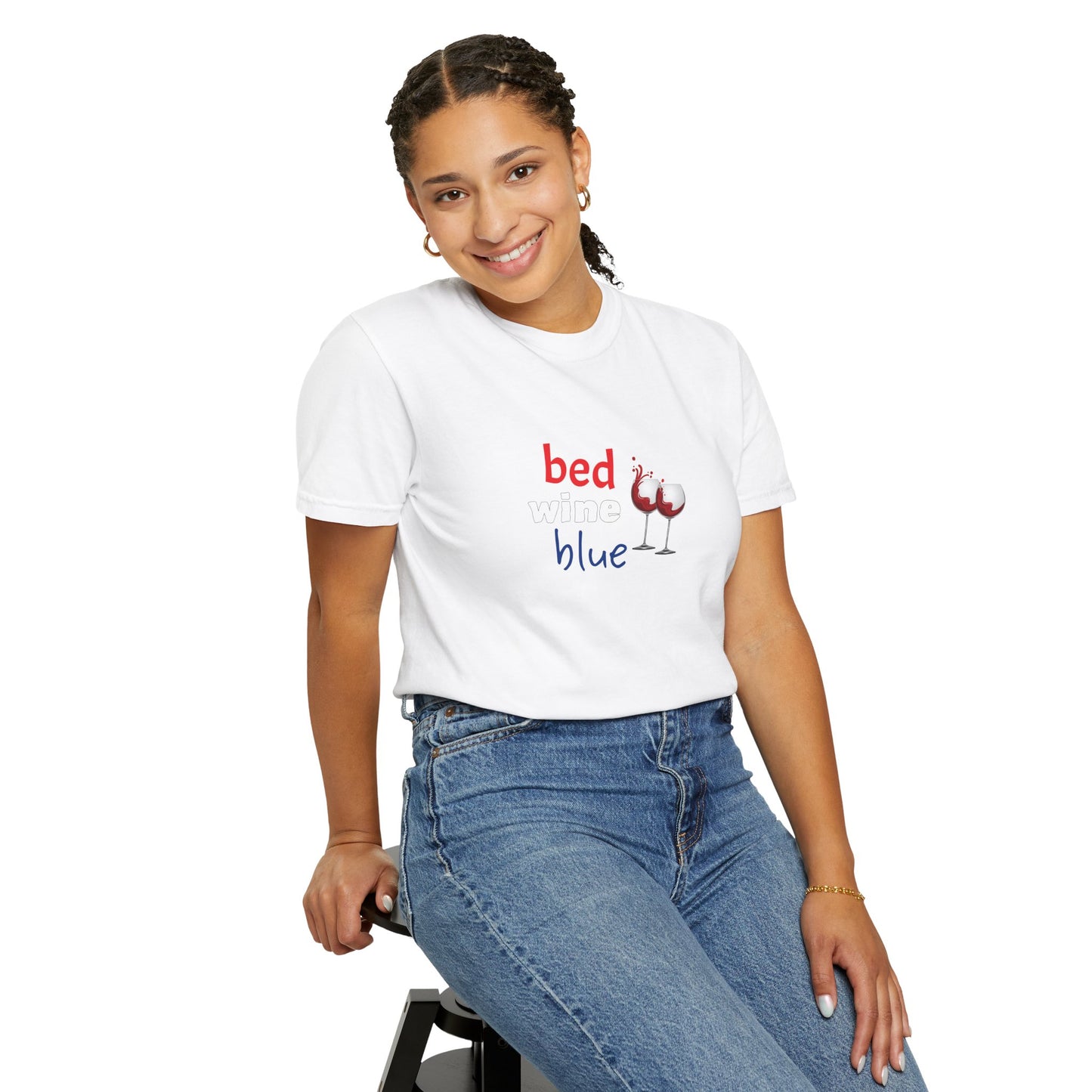 Humorous Unisex Garment-Dyed T-Shirt - 'Bed, Wine, Blue' Design