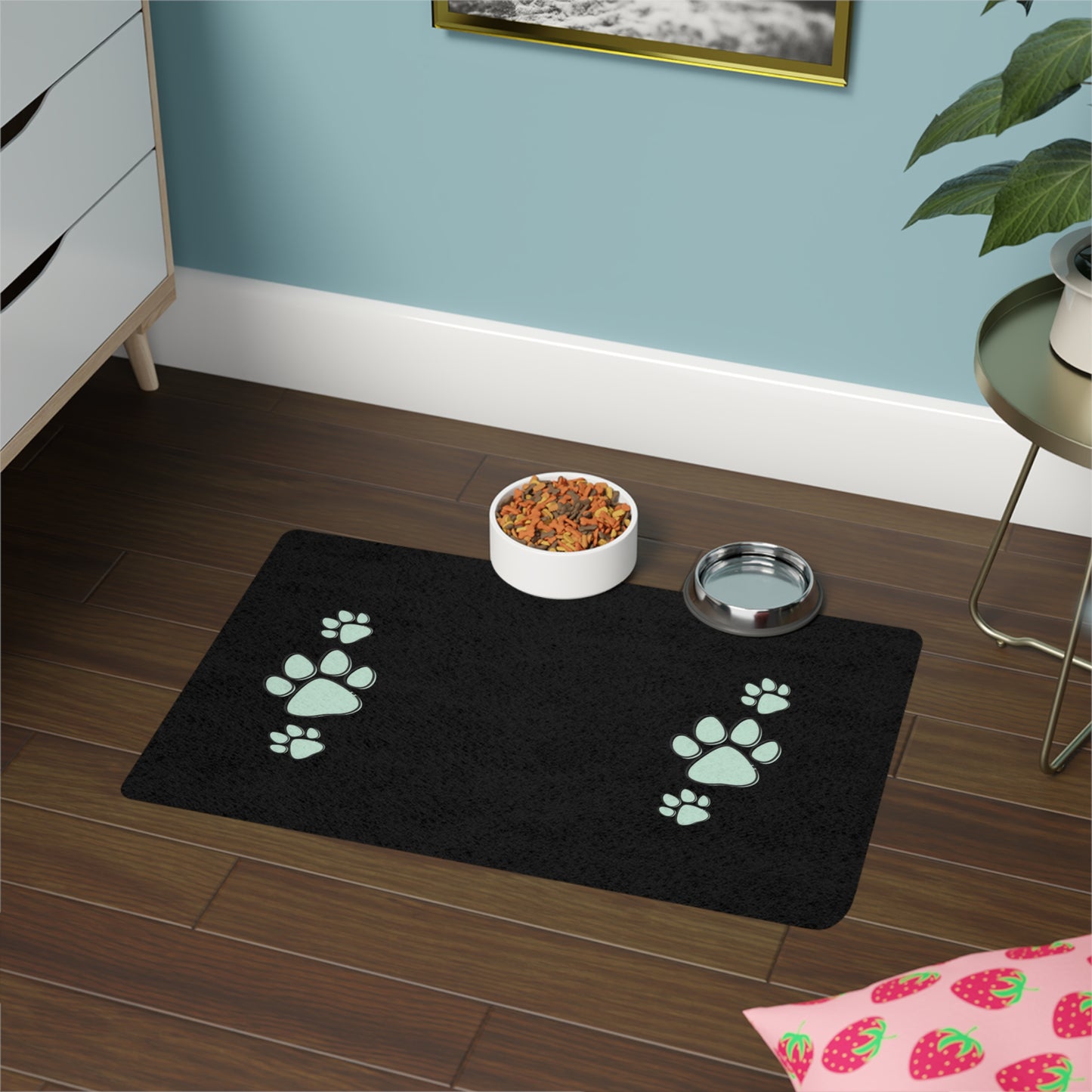 Cute Paw Print Pet Food Mat - Black 12x18