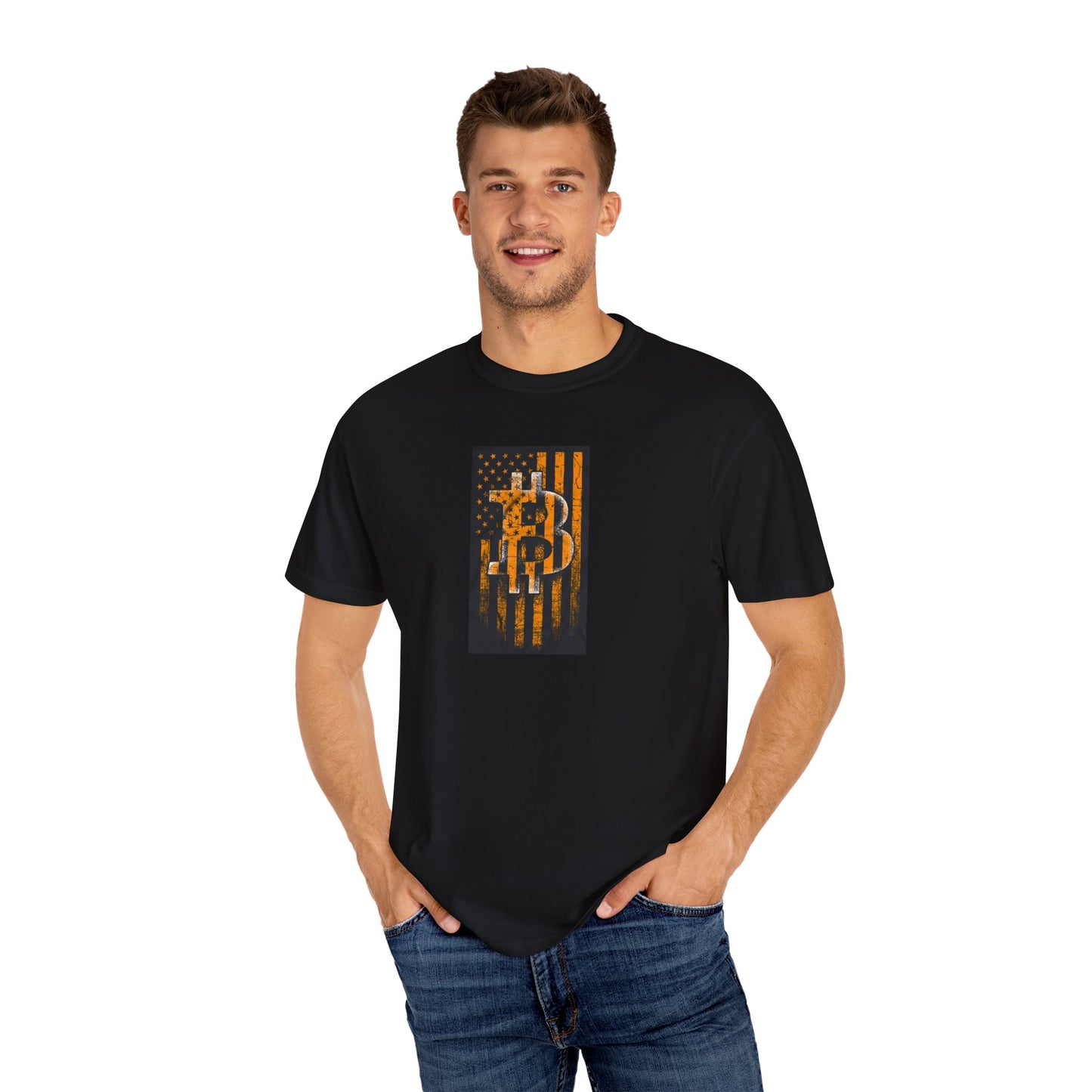 Vintage-Inspired Bitcoin Flag T-Shirt for Cryptocurrency Enthusiasts